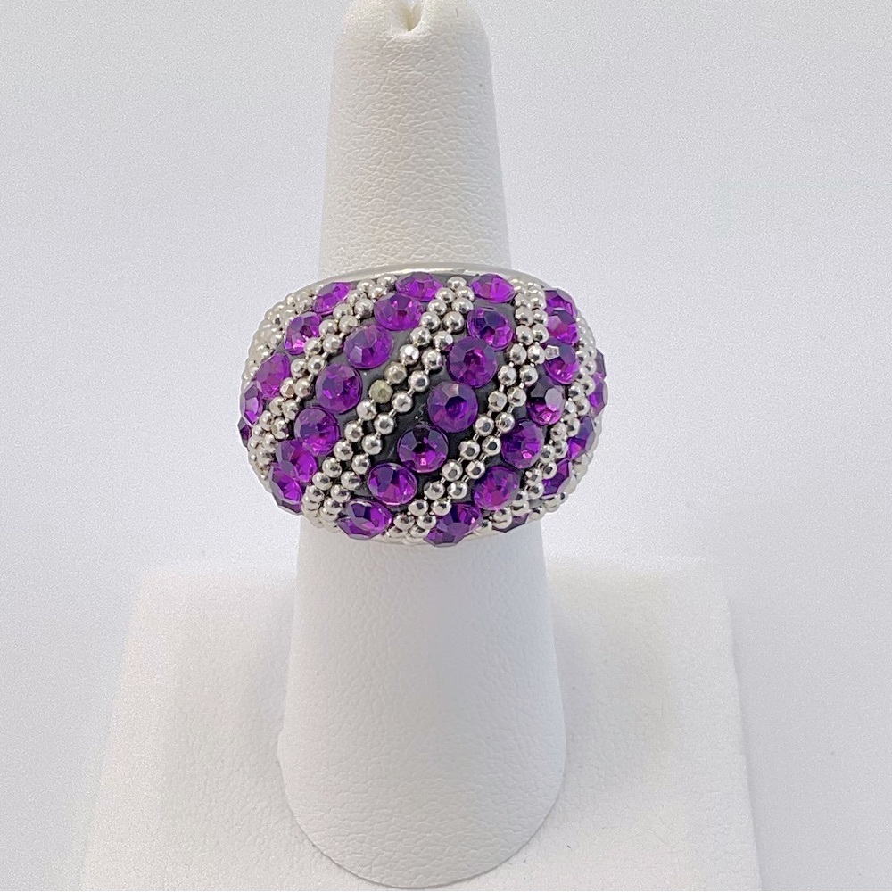 Purple Crystals & Silver Caviar Women's Ring, Vintage, Sparkly, Chic